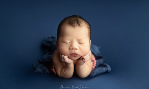 Peaceful newborn baby posed on a soft blanket, beautifully captured through Sydney newborn family photography at Blossom Brook Studio.