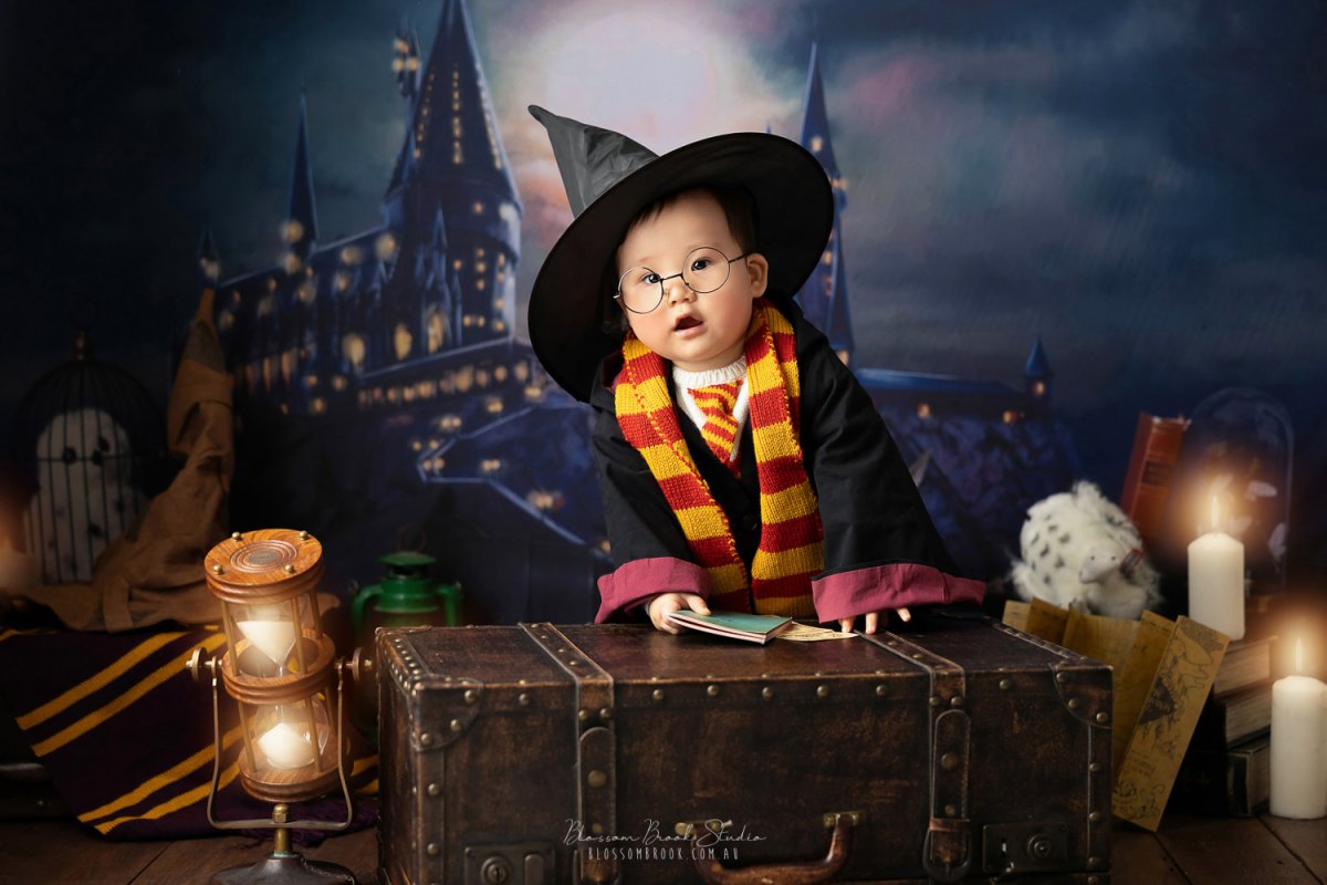 Adorable Harry Potter baby photoshoot with baby Tam wearing glasses, dressed in Gryffindor scarf, and wizard outfit holding a spellbook.