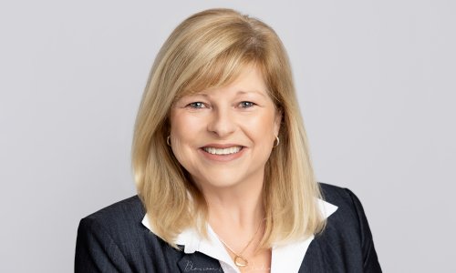 Professional corporate headshots of a smiling blonde woman in business attire on a light gray background.