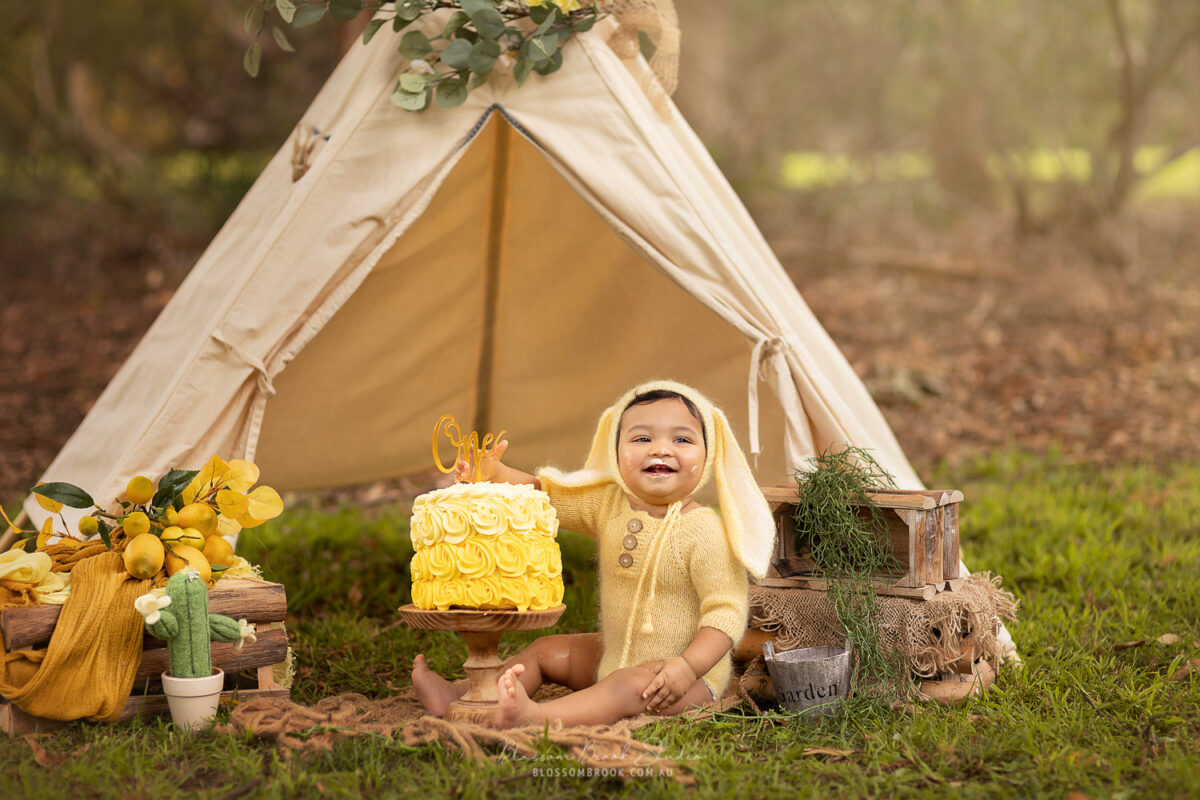 baby smash a cake in a park cake smash photo