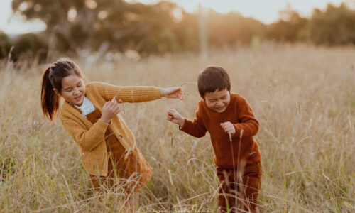 Brother and sister laughing and playing in a sunny field during an outdoor family photography session in Sydney.