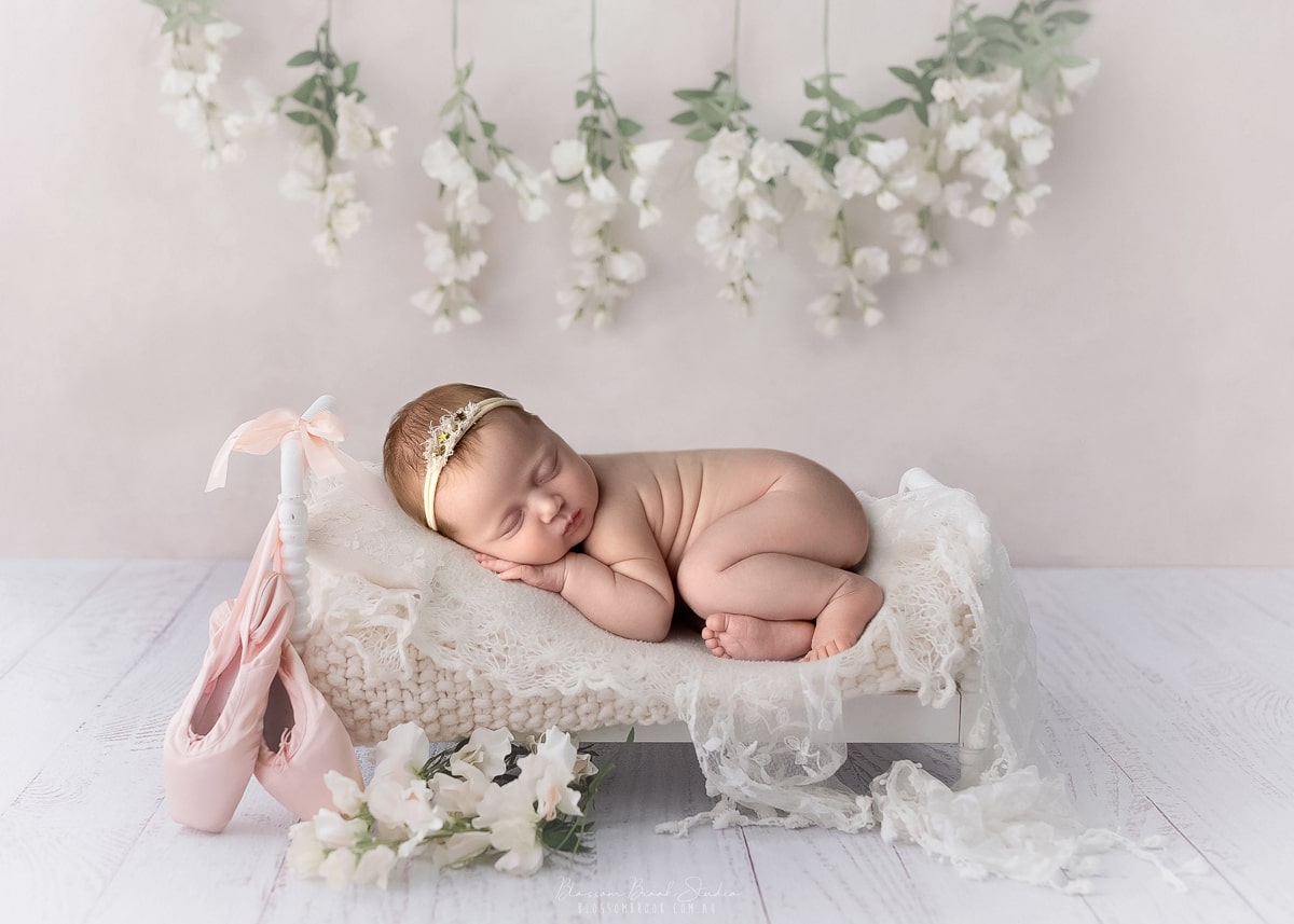 newborn photo sydney baby with ballerina shoes