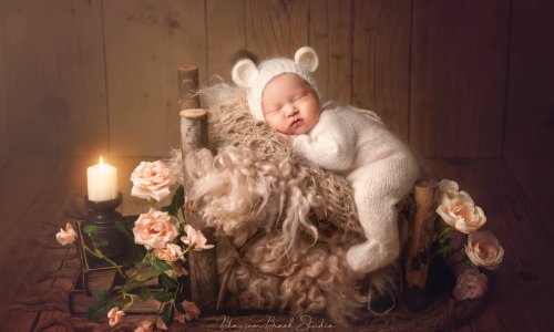 newborn photography baby lie on bed in bear costume